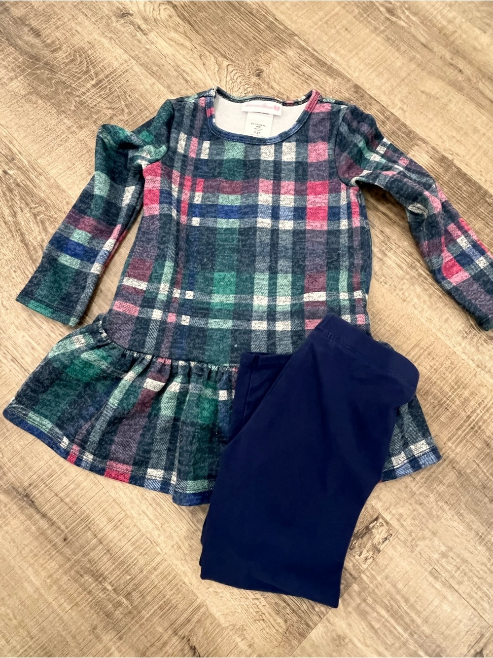 Bonnie Jean Green Navy Pink Plaid Long Sleeve Tunic with Navy Leggings